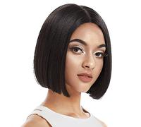 NOBLE Perruque noire pour femme - Perruque courte et raide avec dentelle frontale - Densité de 150 % - Résistante à la chaleur - Raie au milieu - Coupe émoussée - Longueur épaule - Pour fête et usage