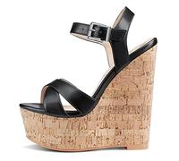 NobleOnly Escarpins Femme Cale Bout Ouvert Sandale Slingback 16CM Wedge High Heels Noir Mates Chaussures EU 38