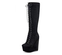 NobleOnly Femme Cale Mi-Mollet Bottes Plateforme Fermeture Eclair Lacets Wedge Boots 16CM High Heels Noir Suède Chaussures EU 43