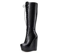 NobleOnly Femme Cale Mi-Mollet Bottes Plateforme Fermeture Eclair Lacets Wedge Boots 16CM High Heels Noir Mates Chaussures EU 35