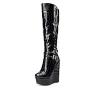 NobleOnly Femme Cale Mi-Mollet Bottes Plateforme Fermeture Eclair Wedge Boots 16CM High Heels Noir Mates Treillis Chaussures EU 38