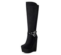 NobleOnly Femme Cale Mi-Mollet Bottes Plateforme Fermeture Eclair Wedge Boots 16CM High Heels Noir Suède Bouton Chaussures EU 44