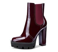 NobleOnly Femme Plateforme Chelsea Boots Cheville Fermeture Eclair Bloc Talon 12CM High Heels Bottes Rouge Bourgogne Vernis Chaussures EU 39