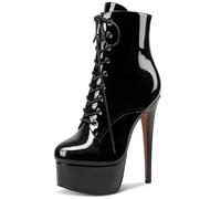 NobleOnly Femmes Aiguille Haut High Plate-forme Talon Heel Rond Bout Lacets Fermeture à Glissière Dress Classique Bottines Noir Vernis 45 EU
