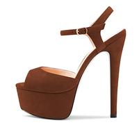 NobleOnly Femmes Aiguille Haut High Talon Heel Plate-forme Lanières Cheville 15 CM Heels Sexy Clear Mariage Ouvert Bout Sandales Marron Suède 38 EU