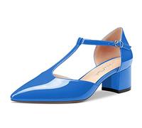 NobleOnly Femmes Bloc Chunky Bas Kitten Talon Heel Fermé Pointu Bout T-Strap Escarpins Boucle Bureau Dress Chaussures 5 CM Heels Bleu 37 EU