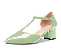 NobleOnly Femmes Bloc Chunky Bas Kitten Talon Heel Fermé Pointu Bout T-Strap Escarpins Boucle Bureau Dress Chaussures 5 CM Heels Vert Clair 39 EU