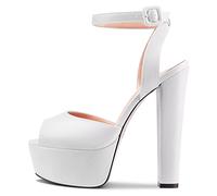 NobleOnly Femmes Bloc Chunky Haut High Plate-forme Talon Heel Ouvert Bout Lanières Cheville Slingback Mariage Sandales Blanc 35 EU