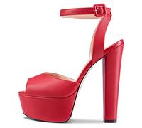 NobleOnly Femmes Bloc Chunky Haut High Plate-forme Talon Heel Ouvert Bout Lanières Cheville Slingback Mariage Sandales Rouge 41 EU