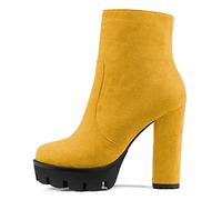 NobleOnly Femmes Bloc Chunky Haut High Plate-forme Talon Heel Rond Bout Bottines Fermeture à Glissière Party Classique Bottes Jaune 43 EU