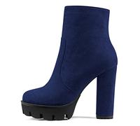 NobleOnly Femmes Bloc Chunky Haut High Plate-forme Talon Heel Rond Bout Bottines Fermeture à Glissière Party Classique Bottes Bleu Marin 38 EU