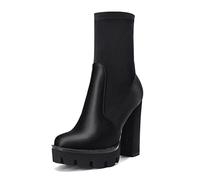 NobleOnly Femmes Bloc Chunky Haut High Talon Heel Plate-forme Rond Bout Bottines Fermeture à Glissière Mariage Party Sexy Bottes Noir Satin 38 EU
