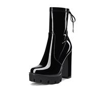 NobleOnly Femmes Bloc Chunky Haut High Talon Heel Plate-forme Rond Bout Bottines Fermeture à Glissière Mariage Party Sexy Bottes Noir 38 EU
