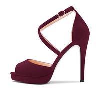NobleOnly Femmes Haut High Aiguille Plate-forme Talon Heel Lanières Croisées Ouvert Bout Sandales Sexy Clear Dress 12 CM Heels Bourgogne Rouge 39 EU