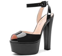 NobleOnly Femmes Haut High Bloc Chunky Plate-forme Talon Heel Ouvert Bout Lanières Cheville Sandales Danse Party Dress Slingback Chaussures 15 CM Heels Noir Vernis 37 EU