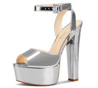 NobleOnly Femmes Haut High Bloc Chunky Plate-forme Talon Heel Ouvert Bout Lanières Cheville Sandales Danse Party Dress Slingback Chaussures 15 CM Heels Argent Vernis 35 EU