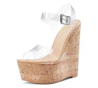 NobleOnly Femmes Haut High Compensé Plate-forme Talon Heel Ouvert Bout Lanières Cheville Sandales Boucle Dress Chaussures 16 CM Heels Transparent 39 EU