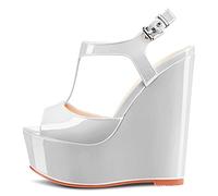 NobleOnly Femmes Haut High Compensé Plate-forme Talon Heel Ouvert Bout Lanières Cheville T-strap Slingback Boucle Sandales Mariage Party Dress 15 CM Heels Chaussures Blanc Vernis 38 EU