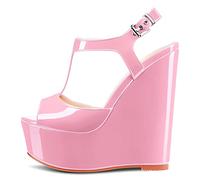 NobleOnly Femmes Haut High Compensé Plate-forme Talon Heel Ouvert Bout Lanières Cheville T-strap Slingback Boucle Sandales Mariage Party Dress 15 CM Heels Chaussures Rose Vernis A 41 EU