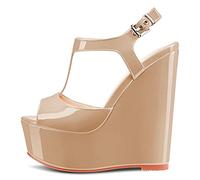 NobleOnly Femmes Haut High Compensé Plate-forme Talon Heel Ouvert Bout Lanières Cheville T-strap Slingback Boucle Sandales Mariage Party Dress 15 CM Heels Chaussures Beige Vernis 36 EU