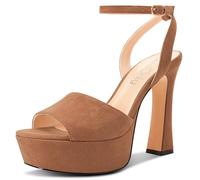 NobleOnly Femmes Haut High Plate-forme Talon Heel Ouvert Carré Bout Sandales Lanières Cheville Slingback Boucle Dress Chaussures 12 CM Heels Marron Clair 37 EU