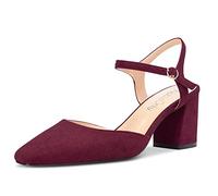 NobleOnly Femmes Mi Bloc Chunky Talon Heel Fermé Carré Bout Slingback Lanières Cheville Sandales Party Dress Chaussures 6.5 CM Heels Bourgogne Rouge 38 EU