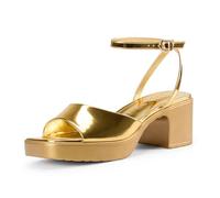 NobleOnly Femmes Ouvert Carré Bout Plate-forme Bloc Chunky Sandales Lanières Cheville Boucle Mariage Dress Party Décontracté Chaussures 6.5 CM Heels Or 41 EU