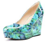 NobleOnly Femmes Plate-Forme Compensé Escarpins Slip-on Fermé Rond Bout Dress Décontracté Party Chaussures 10 CM Heels Vortex Vert 41 EU