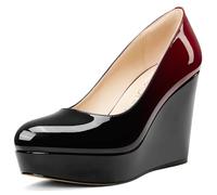 NobleOnly Femmes Plate-Forme Compensé Escarpins Slip-on Fermé Rond Bout Dress Décontracté Party Chaussures 10 CM Heels Noir et Rouge 39 EU