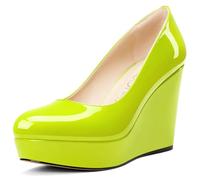 NobleOnly Femmes Plate-Forme Compensé Escarpins Slip-on Fermé Rond Bout Dress Décontracté Party Chaussures 10 CM Heels Vert Jaune 39 EU