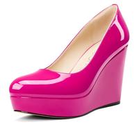 NobleOnly Femmes Plate-Forme Compensé Escarpins Slip-on Fermé Rond Bout Dress Décontracté Party Chaussures 10 CM Heels Magenta 38 EU