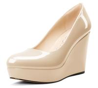 NobleOnly Femmes Plate-Forme Compensé Escarpins Slip-on Fermé Rond Bout Dress Décontracté Party Chaussures 10 CM Heels Nude 41 EU