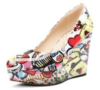 NobleOnly Femmes Plate-Forme Compensé Escarpins Slip-on Fermé Rond Bout Dress Décontracté Party Chaussures 10 CM Heels Motif de Poker 37 EU