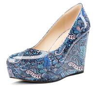 NobleOnly Femmes Plate-Forme Compensé Escarpins Slip-on Fermé Rond Bout Dress Décontracté Party Chaussures 10 CM Heels Bleu Multicolore 38 EU
