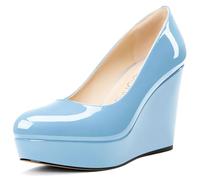 NobleOnly Femmes Plate-Forme Compensé Escarpins Slip-on Fermé Rond Bout Dress Décontracté Party Chaussures 10 CM Heels Bleu Ciel 38 EU