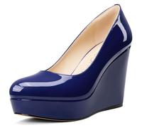 NobleOnly Femmes Plate-Forme Compensé Escarpins Slip-on Fermé Rond Bout Dress Décontracté Party Chaussures 10 CM Heels Bleu Marine 37 EU
