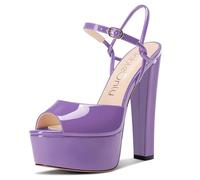 NobleOnly Femmes Plate-forme Talon Heel Bloc Chunky Ouvert Bout Lanières Cheville Sandales Mariage Party Chaussures 15 CM Heels Violet 43 EU