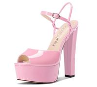NobleOnly Femmes Plate-forme Talon Heel Bloc Chunky Ouvert Bout Lanières Cheville Sandales Mariage Party Chaussures 15 CM Heels Rose 42 EU