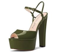 NobleOnly Femmes Plate-forme Talon Heel Bloc Chunky Ouvert Bout Lanières Cheville Sandales Mariage Party Chaussures 15 CM Heels Vert Olive 43 EU