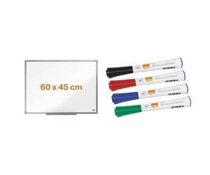 Nobo Tableau Blanc Magnétique, 600 x 450 mm, Cadre Aluminium, Montage Mural par les Coins, Porte-Marqueur Inclus,1915462 + Nobo Marqueurs Effaçables à Sec Glide, Pointe Fine de 1mm, Lot de 4, 1902077