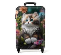 NoBoringSuitcases.com® Valise Chariot à Bagages à Main Chaton - Illustration - Fleurs - Nature - Chat Bagage Cabine imprimé 55x35x25 cm Valise de Voyage avec roulettes - Trolley