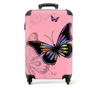 NoBoringSuitcases.com® Valises, Bagages a Main Cabine 55x35x25 10kg, Luggage, Suitcase, Rigides 4 roulettes, De Voyage, Cadenas Avion, Ultra légère, Poignée Extensible, Fond Rose Papillon