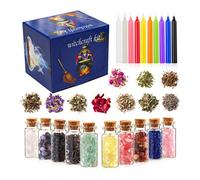 NOBRIM Le kit de fournitures de sorcellerie comprend 60 bougies, 10 herbes, 10 pierres de cristal, 10 parchemins pour les sorts Wiccan pour les sorcières débutantes.