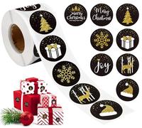NOCHME Etiquette Noel Autocollante Ronds De 4 Cm 500 Christmas Cadeau Sticker Père Noël, Flocon De Neige, Arbre Et Renne Étiquettes Joyeux Noel Gommettes Noir Et Doré