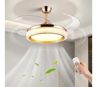 NOCHX Ventilateur Plafond Lumineux Rétractable LED Ventilateur Plafond Avec Lumière 6 Vitesses 96W Spectre Complet Température Couleur Réglable Fer Acrylique Chambre Salon Salle À Manger(ABC-Gold)