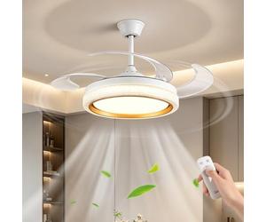 NOCHX Ventilateur Plafond Lumineux Rétractable LED Ventilateur Plafond Avec Lumière 6 Vitesses 96W Spectre Complet Température Couleur Réglable Fer Acrylique Chambre Salon Salle À Manger(ABC-White)