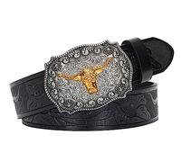 NociHah Ceinture de cowboy pour femme et homme en cuir occidental avec boucle de taureau Longhorn Ceinture à boucle florale gravée (taille 33"-36"), Noir , taille unique