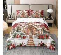 Noël 100% Coton Naturel Housse de Couette 200x200,Chalet de Noël Château Parure de Lit,Arbre de Noël Vert Surprise Literie Set,Flocons de Neige Pur Literie,Bonbons Délicieux Couvre Lit