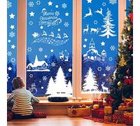 NoëL Autocollants Fenetre, Decoration Fenetre de Noël en PVC statiques amovibles,Stickers de Noël d'hiver de rêve blanc contient un flocon de neige, le père Noël, un élan de Noël, 9 Feuilles