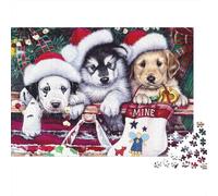 Noël Chiots Vacances 1000 Pièces Puzzle Impossible Décoration Moderne Trois Chiots en Chapeaux de Père Noël sur Tapis Rouge Puzzles Jouets De Jeu pour La Famille 52x38cm/1000pcs